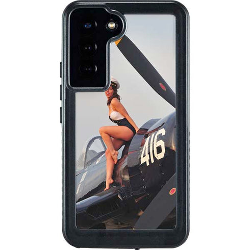 1940s Navy Pin-Up Girl On Corsair Fighter Plane Galaxy S24 Plus Waterproof Case