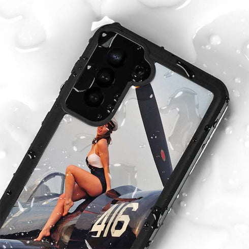 1940s Navy Pin-Up Girl On Corsair Fighter Plane Galaxy S24 Plus Waterproof Case