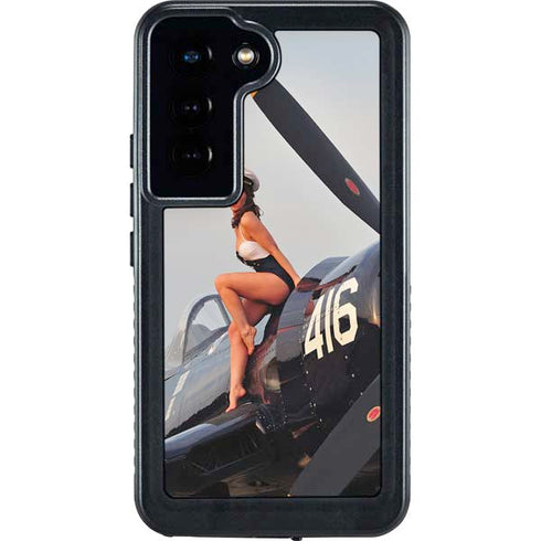 1940s Navy Pin-Up Girl On Corsair Fighter Plane Galaxy S24 Waterproof Case