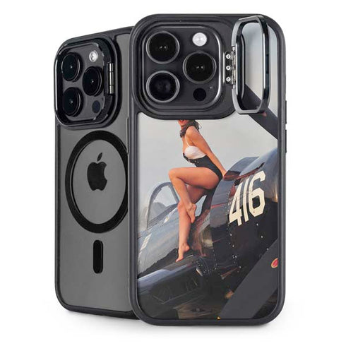 1940s Navy Pin-Up Girl On Corsair Fighter Plane iPhone 14 Pro Kickstand Case