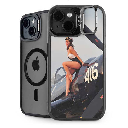 1940s Navy Pin-Up Girl On Corsair Fighter Plane iPhone 15 Plus Kickstand Case