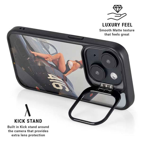 1940s Navy Pin-Up Girl On Corsair Fighter Plane iPhone 15 Plus Kickstand Case