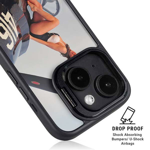 1940s Navy Pin-Up Girl On Corsair Fighter Plane iPhone 15 Plus Kickstand Case