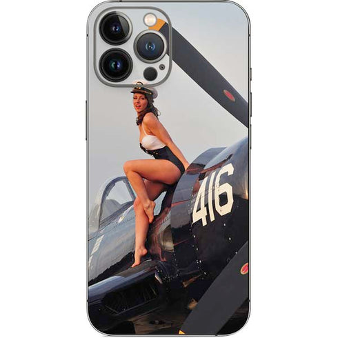 1940s Navy Pin-Up Girl On Corsair Fighter Plane iPhone 15 Pro Max Skin