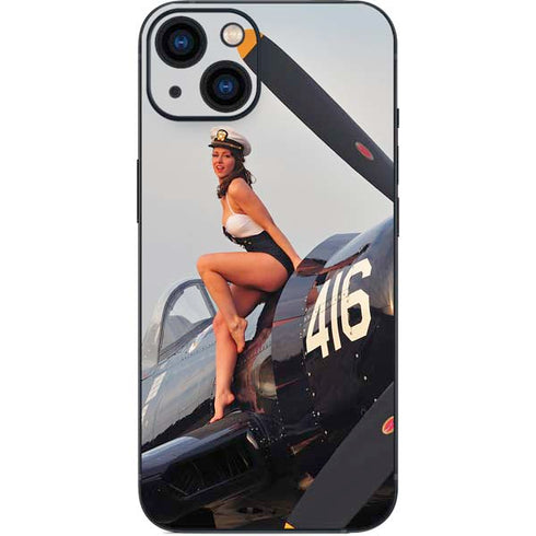 1940s Navy Pin-Up Girl On Corsair Fighter Plane iPhone 15 Skin