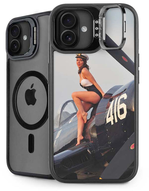 1940s Navy Pin-Up Girl On Corsair Fighter Plane iPhone 16 Plus Kickstand Case