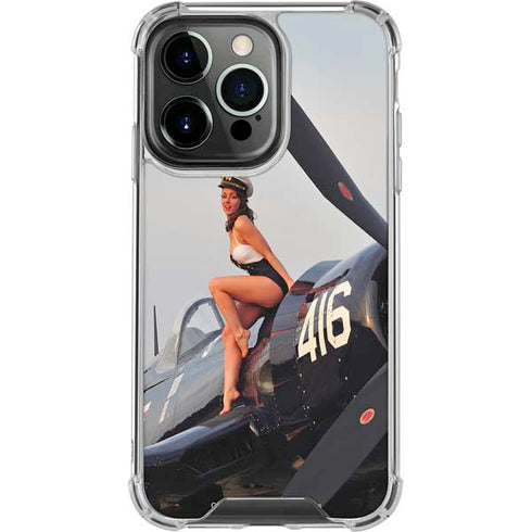 1940s Navy Pin-Up Girl On Corsair Fighter Plane iPhone 16 Pro Clear Case