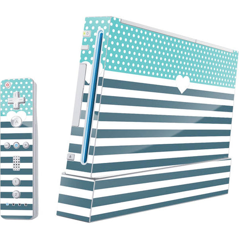 Polka Dots and Stripes Heart in Blue Wii (Includes 1 Controller) Skin