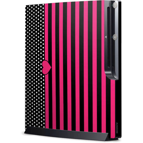 Polka Dots and Stripes Heart in Pink Playstation 3 & PS3 Slim Skin