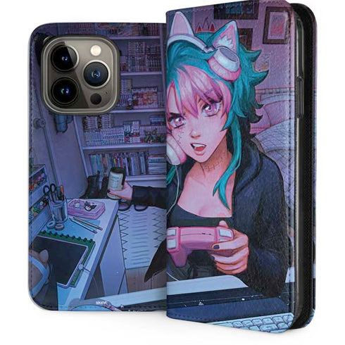 Anime Catgirl Gamer Nerd by Ivy Dolamore iPhone 14 Pro Folio Case