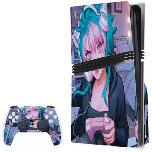 Anime Catgirl Gamer Nerd by Ivy Dolamore PS5 Pro Disk Bundle Skin