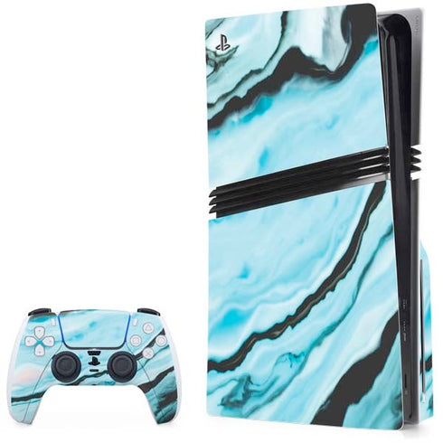 Aqua Blue Marble Ink PS5 Pro Disk Bundle Skin