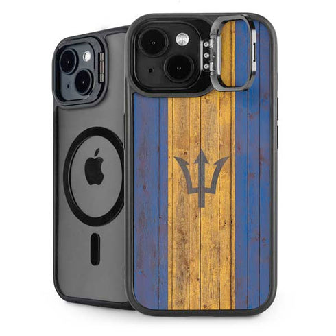 Barbados Flag Dark Wood iPhone 14 Kickstand Case