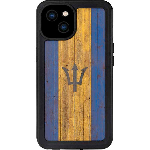 Barbados Flag Dark Wood iPhone 15 Plus Waterproof Case