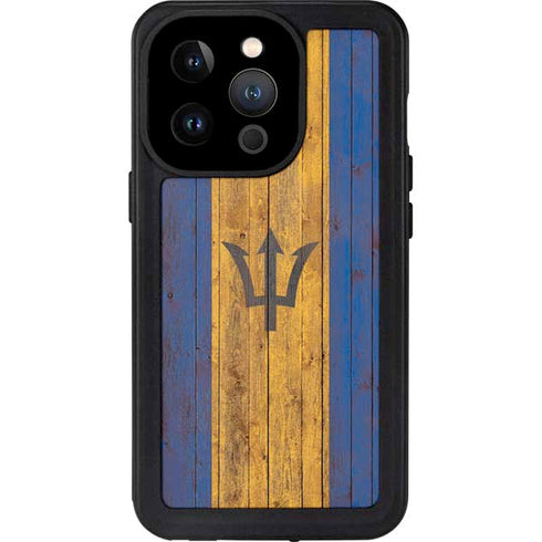 Barbados Flag Dark Wood iPhone 15 Pro Waterproof Case