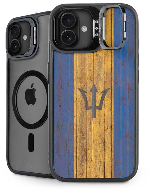Barbados Flag Dark Wood iPhone 16 Plus Kickstand Case