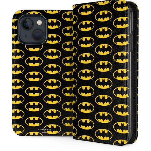 DC Comics Batman Logo Pattern iPhone 15 Plus Folio Case