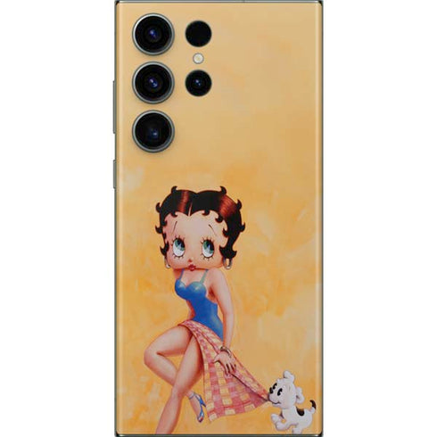 Betty Boop With Puppy Orange Background Galaxy Skins