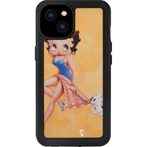 Betty Boop With Puppy Orange Background iPhone 15 Plus Waterproof Case