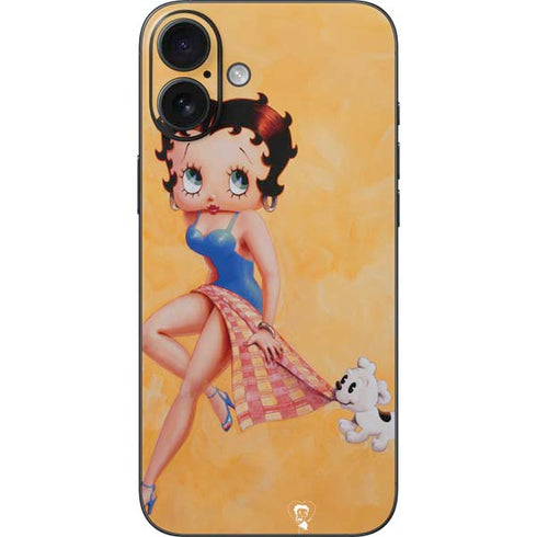 Betty Boop With Puppy Orange Background iPhone 16 Plus Skin
