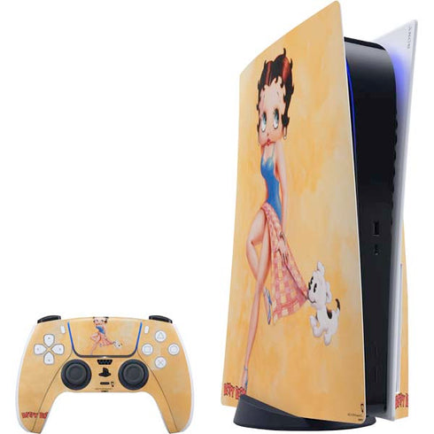Betty Boop With Puppy Orange Background PlayStation PS5 Skins
