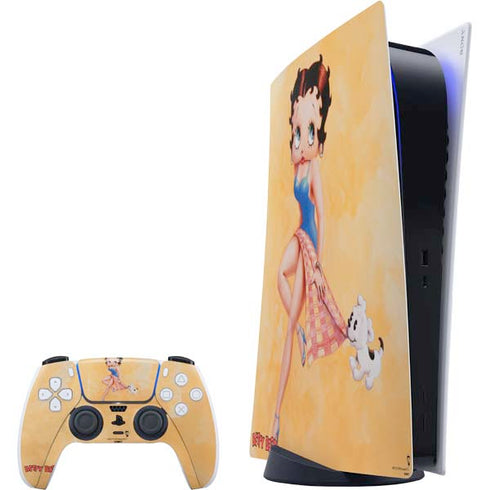 Betty Boop With Puppy Orange Background PlayStation PS5 Skins