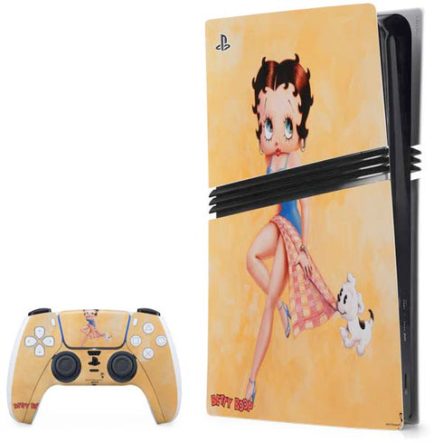 Betty Boop With Puppy Orange Background PlayStation PS5 Skins