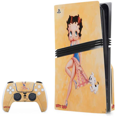 Betty Boop With Puppy Orange Background PS5 Pro Disk Bundle Skin