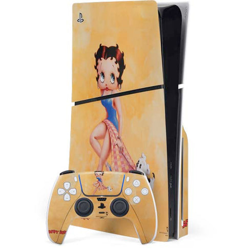 Betty Boop With Puppy Orange Background PlayStation PS5 Skins