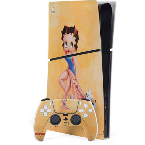 Betty Boop With Puppy Orange Background PlayStation PS5 Skins