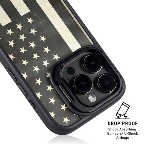 Black & White USA Flag iPhone 14 Pro Max Kickstand Case