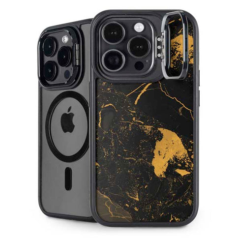 Black and Gold Scattered Marble iPhone 14 Pro Kickstand Case