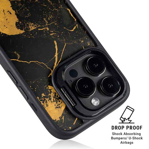 Black and Gold Scattered Marble iPhone 14 Pro Kickstand Case