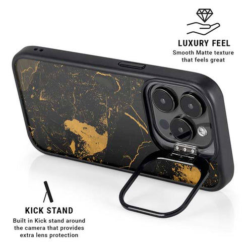 Black and Gold Scattered Marble iPhone 15 Pro Kickstand Case