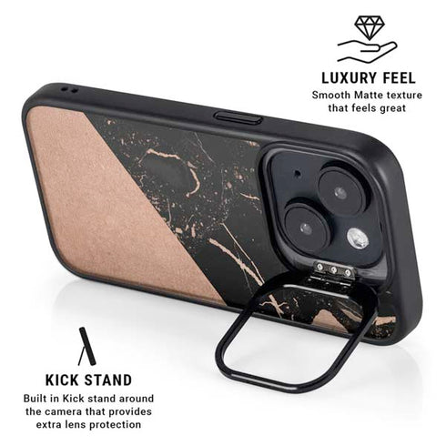 Black and Rose Gold Marble Split iPhone 14 Plus Kickstand Case