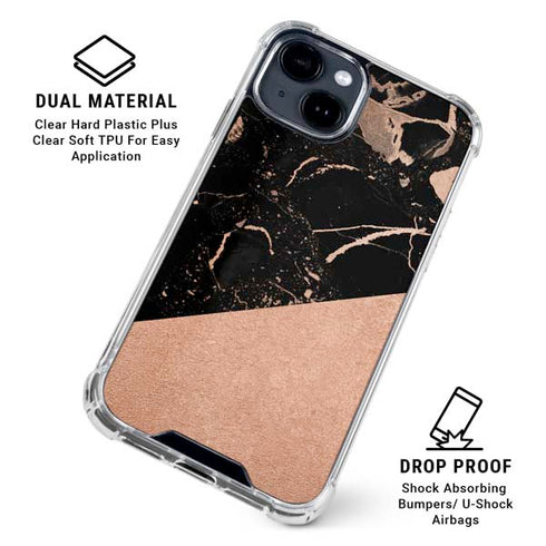 Black and Rose Gold Marble Split iPhone 15 Clear Case