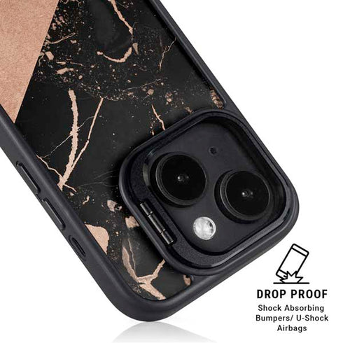 Black and Rose Gold Marble Split iPhone 15 Plus Kickstand Case