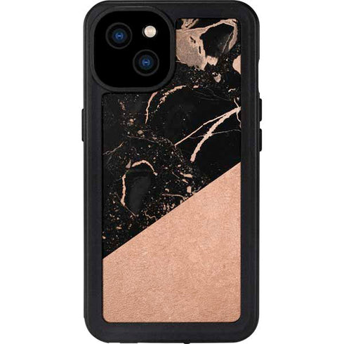 Black and Rose Gold Marble Split iPhone 15 Plus Waterproof Case