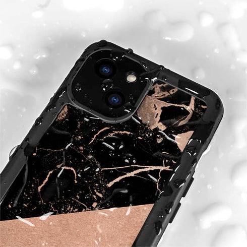 Black and Rose Gold Marble Split iPhone 15 Plus Waterproof Case