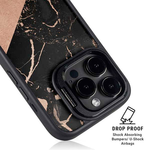 Black and Rose Gold Marble Split iPhone 15 Pro Kickstand Case