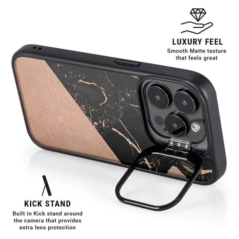 Black and Rose Gold Marble Split iPhone 15 Pro Max Kickstand Case