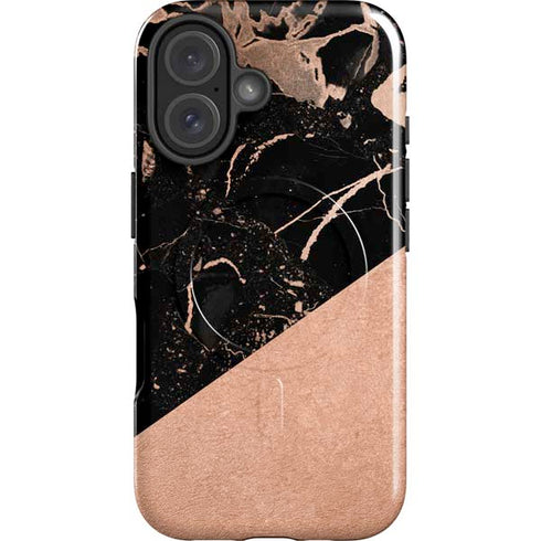 Black and Rose Gold Marble Split iPhone 16 Magsafe Impact Case