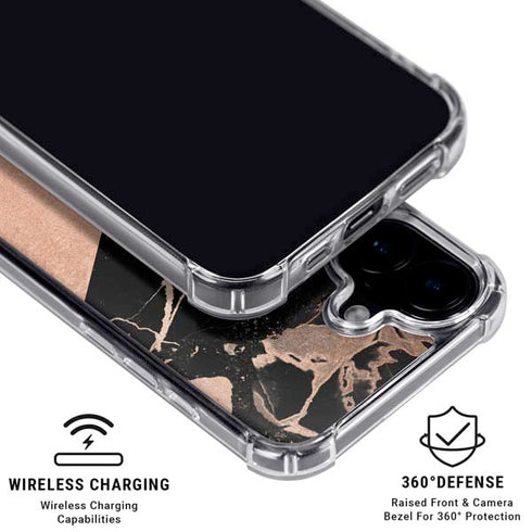 Black and Rose Gold Marble Split iPhone 16 Plus Clear Case