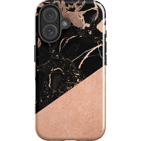 Black and Rose Gold Marble Split iPhone 16 Plus Impact Case