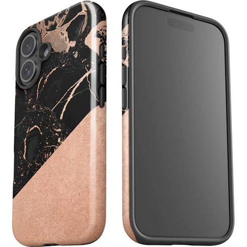 Black and Rose Gold Marble Split iPhone 16 Plus Impact Case