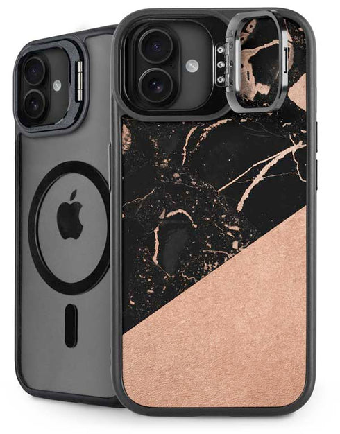 Black and Rose Gold Marble Split iPhone 16 Plus Kickstand Case