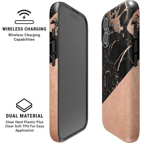Black and Rose Gold Marble Split iPhone 16 Plus Magsafe Impact Case