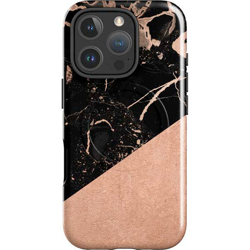 Black and Rose Gold Marble Split iPhone 16 Pro Magsafe Impact Case