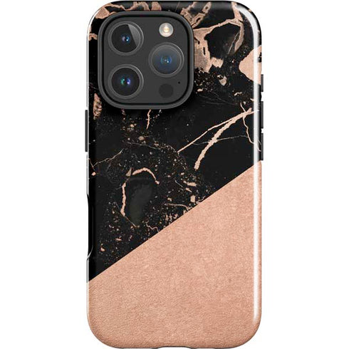 Black and Rose Gold Marble Split iPhone 16 Pro Max Impact Case