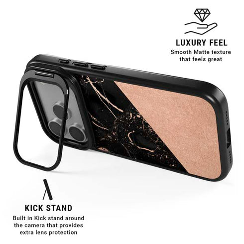 Black and Rose Gold Marble Split iPhone 17 Pro Kickstand Case